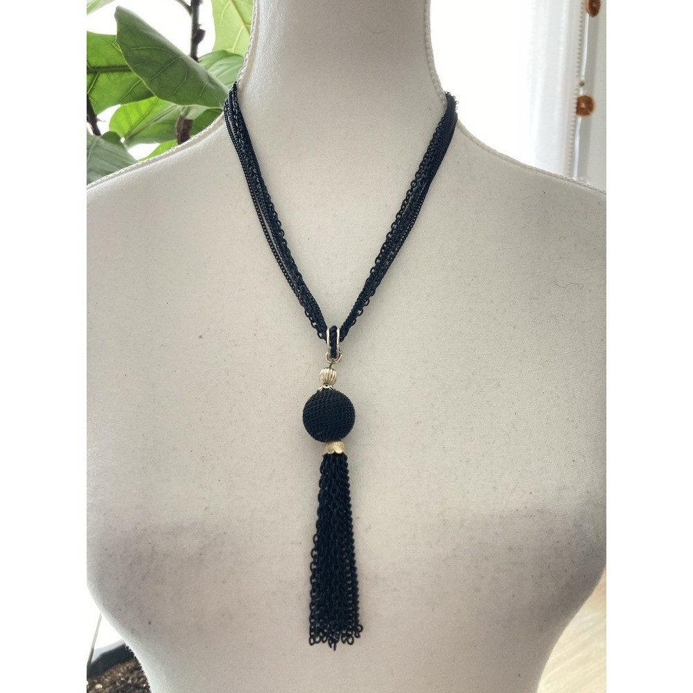 Black Tassel Pendant Necklace Multi Strand‎ Chain Gold Tone Beaded Gothic Grunge